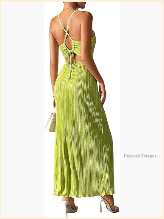 Dresses & Skirts - Textured V Neck Sundress Spaghetti Strap Tie Back Pleated A Line Long Maxi